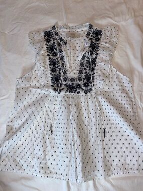 LOFT White Sleeveless Blouse with Black Embroidered Yoke